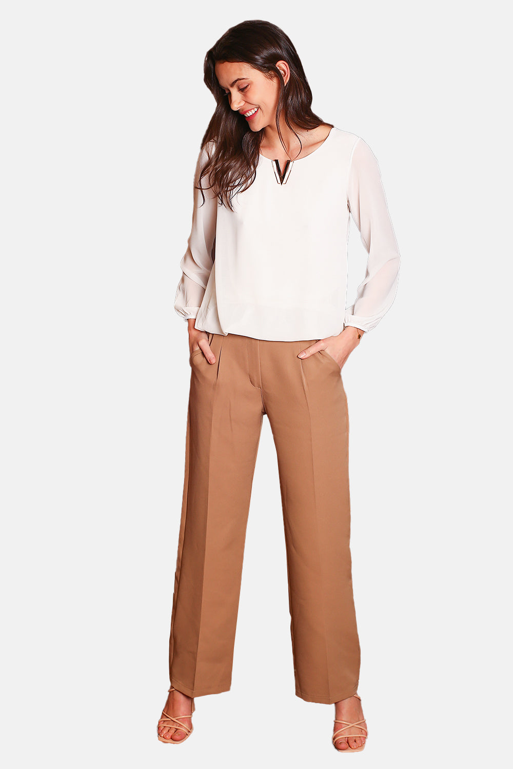 Top elegante con scollo a V e maniche lunghe BIANCO