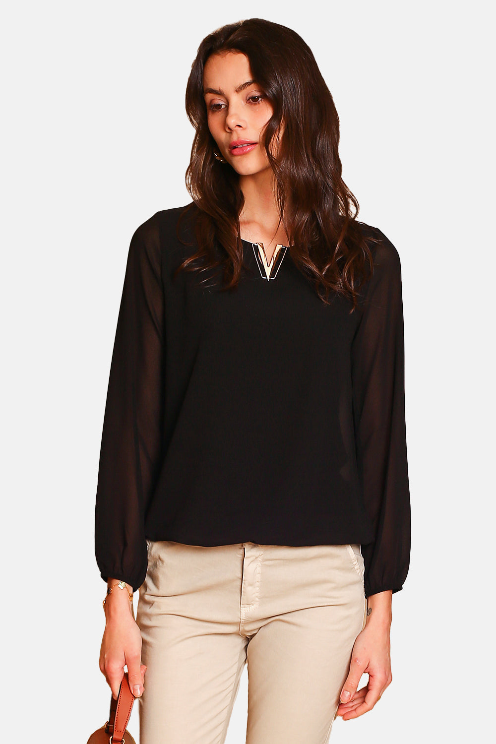 Top elegante con scollo a V e maniche lunghe NERO