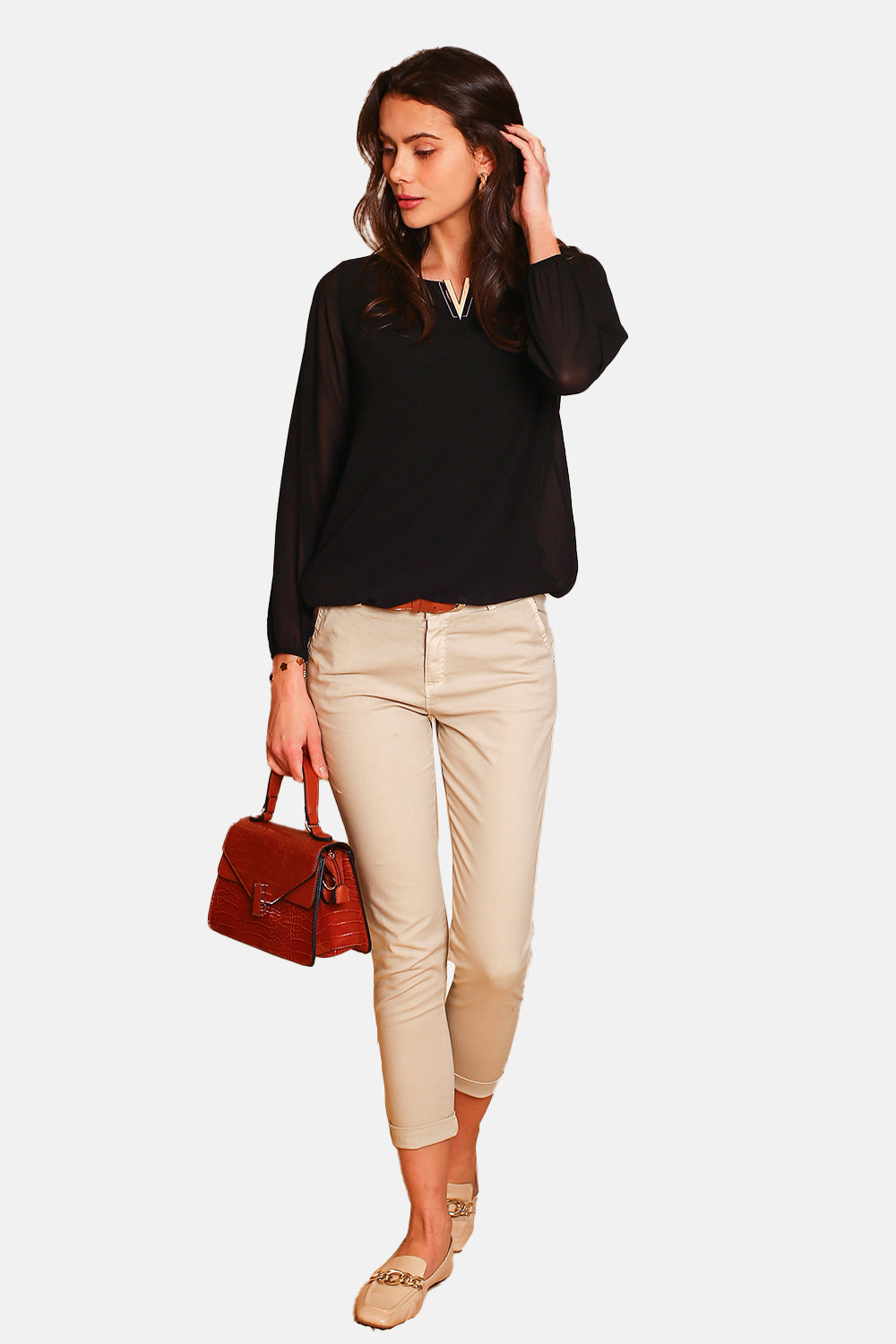 Top elegante con scollo a V e maniche lunghe NERO