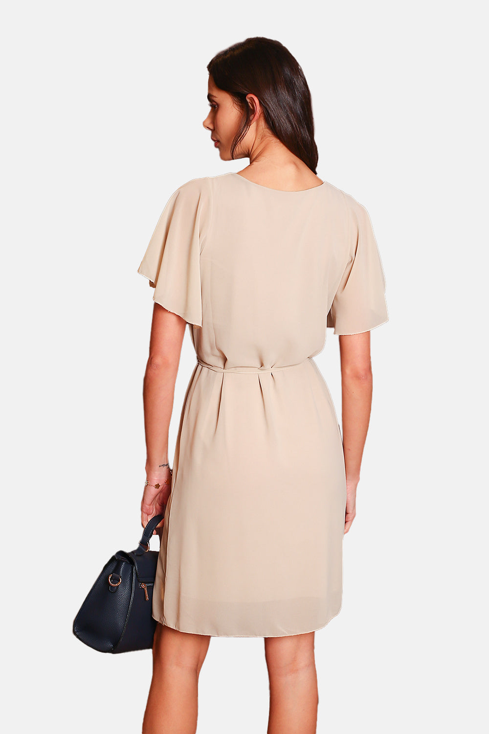 Abito elegante con scollo a V e maniche corte BEIGE