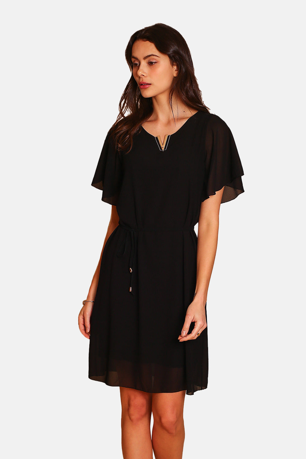 Abito elegante con scollo a V e maniche corte NERO