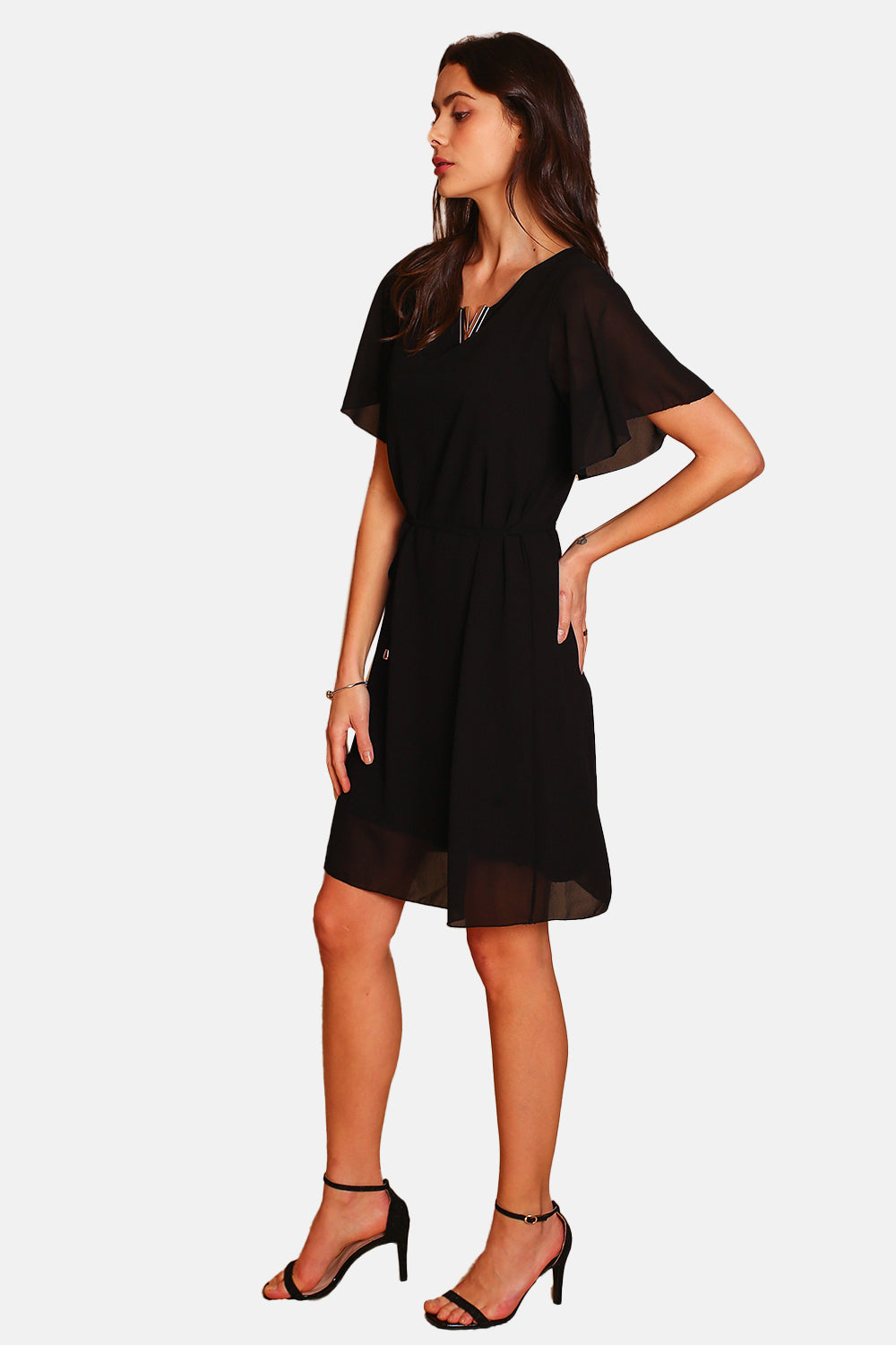 Abito elegante con scollo a V e maniche corte NERO