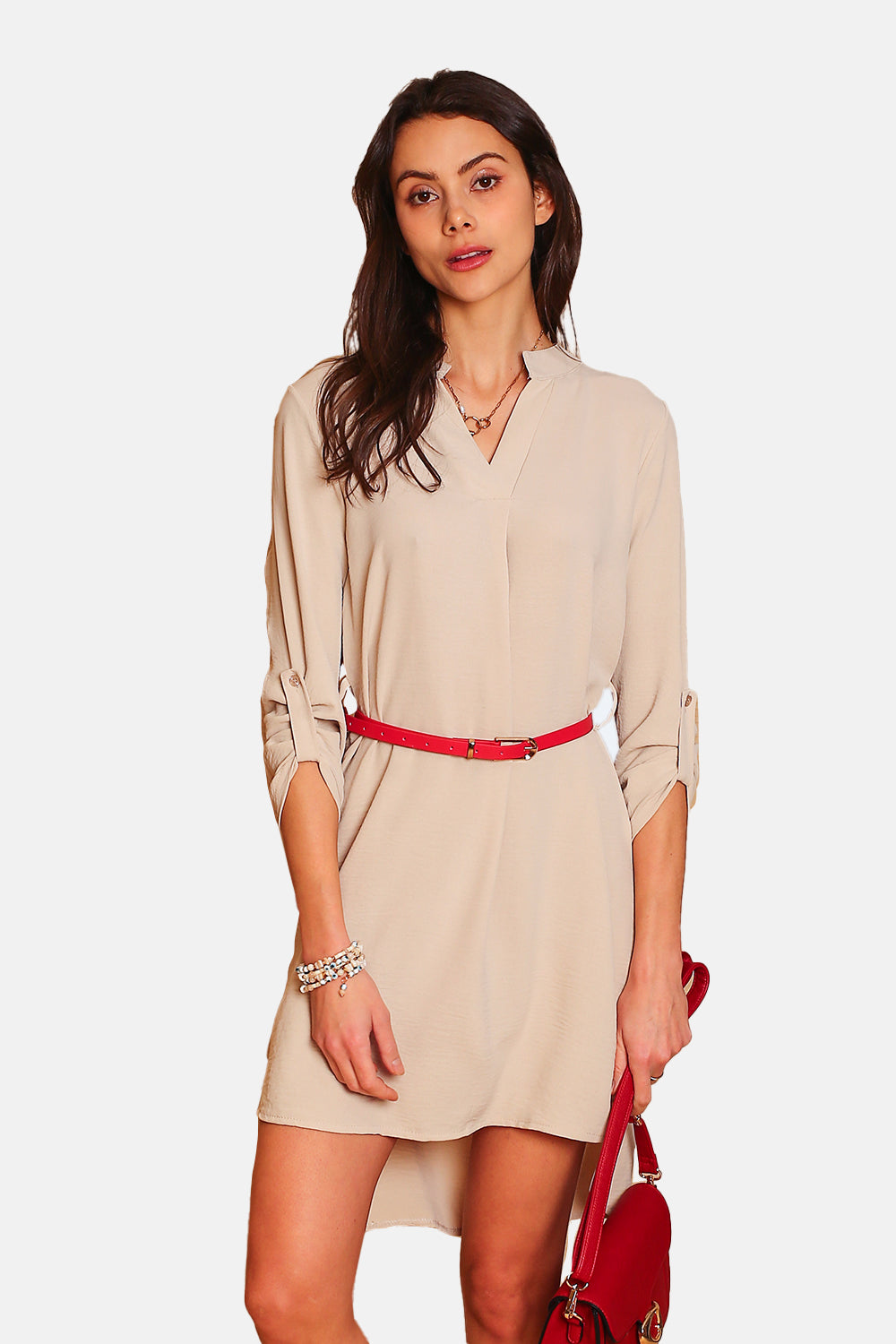 Abito con colletto tunisino, cintura elegante e maniche lunghe BEIGE