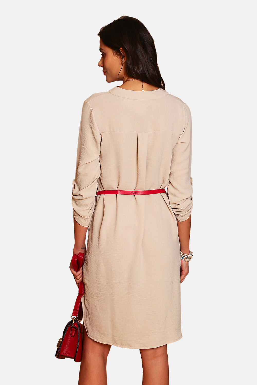Abito con colletto tunisino, cintura elegante e maniche lunghe BEIGE