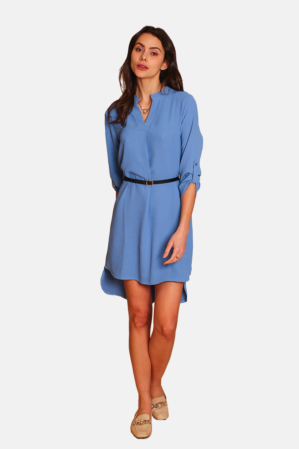 Abito con colletto tunisino, cintura elegante e maniche lunghe JEANS BLU