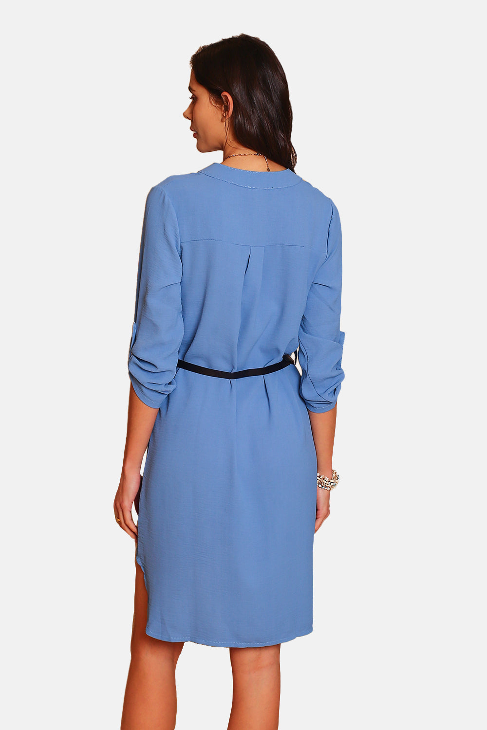 Abito con colletto tunisino, cintura elegante e maniche lunghe JEANS BLU
