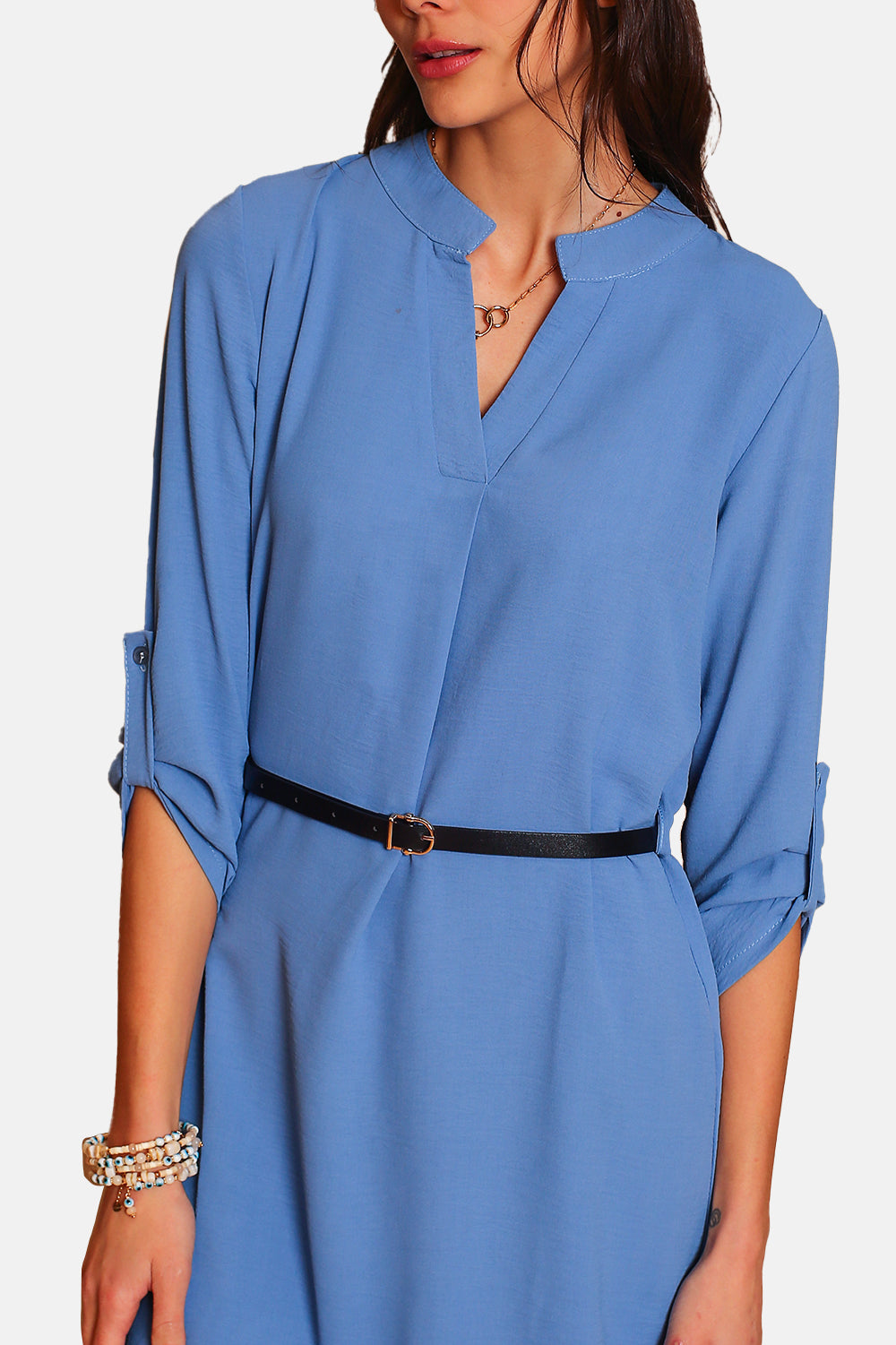 Abito con colletto tunisino, cintura elegante e maniche lunghe JEANS BLU