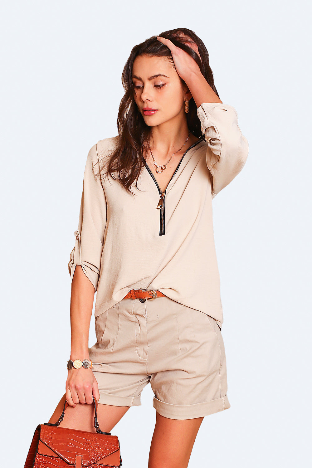 Maglia con scollo a V e maniche con cerniera a 3/4 BEIGE