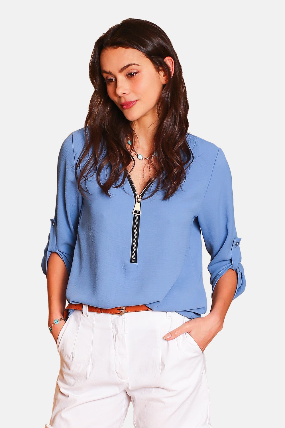 Maglia con scollo a V e maniche con cerniera a 3/4 JEANS BLU