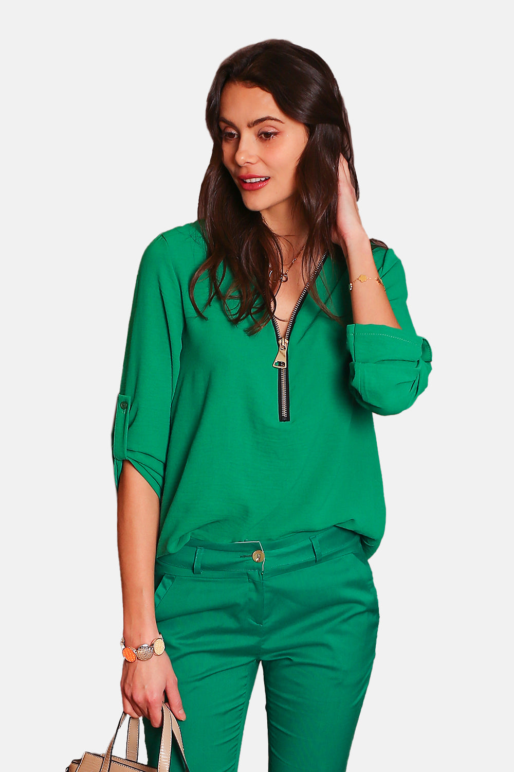 Maglia con scollo a V e maniche con cerniera a 3/4 SMERALDO