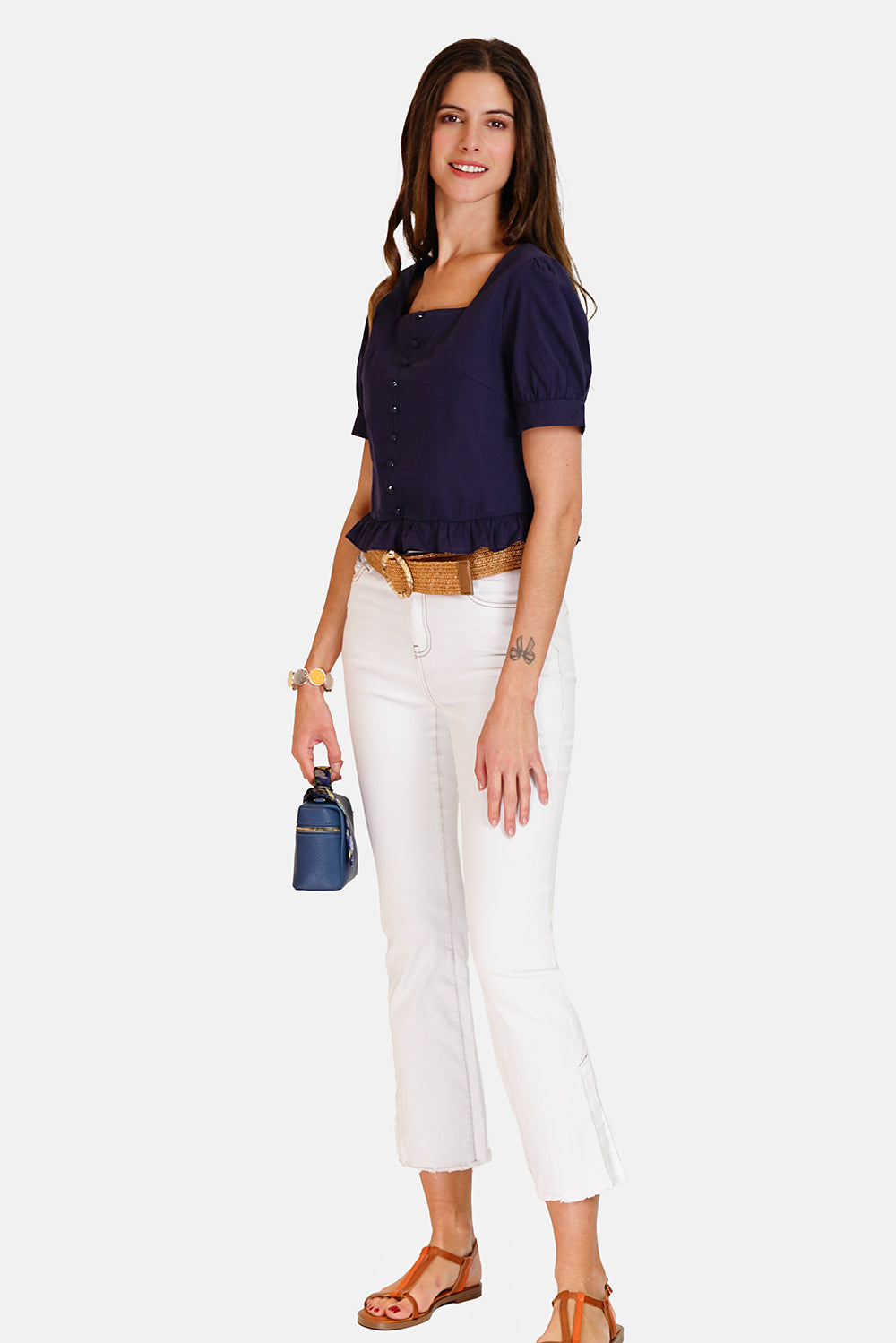 Top with square collar and buttoned front in 1950 Blue Navy - Assuili
