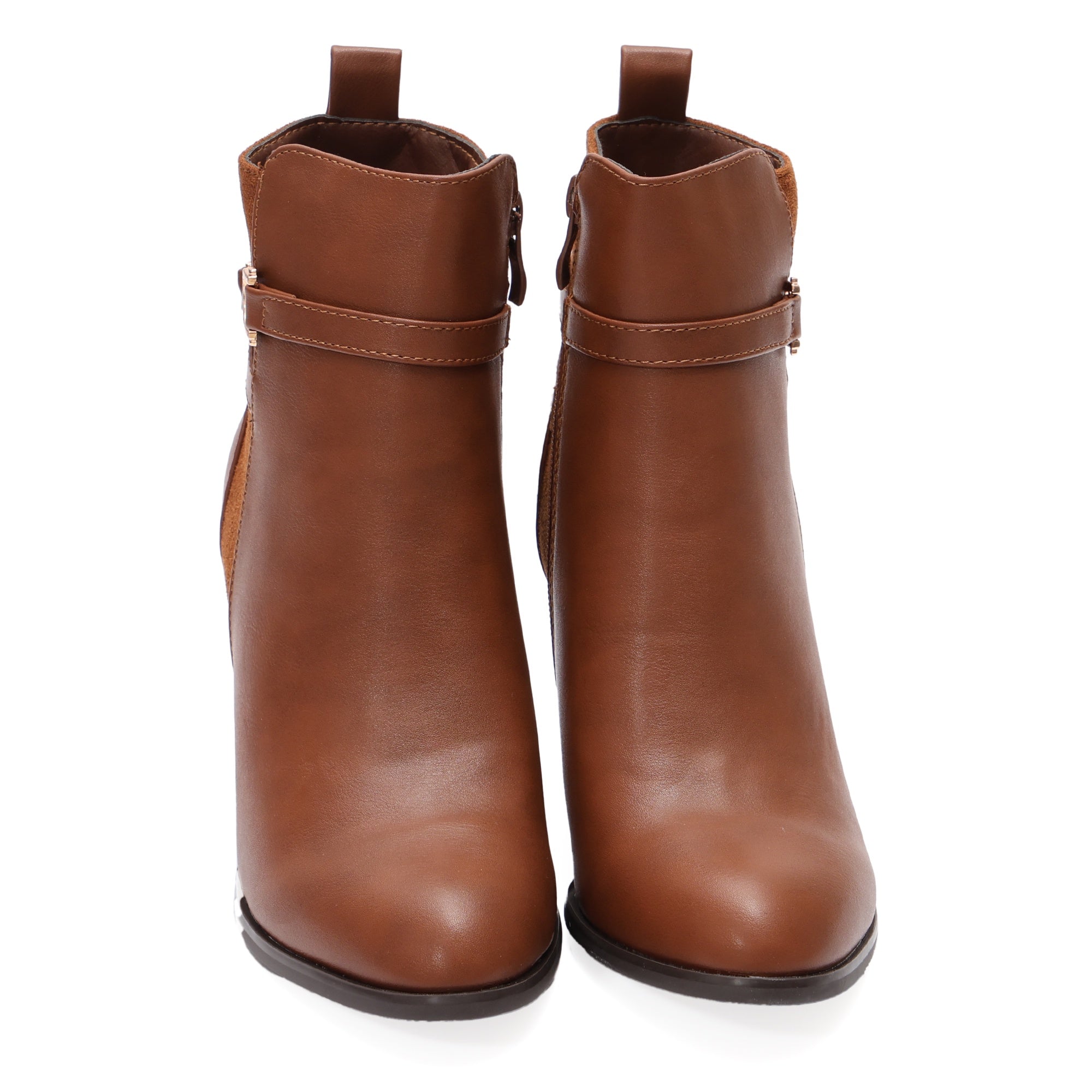 Stivaletti in simil pelle con tacco e fibbia dorata Cammello