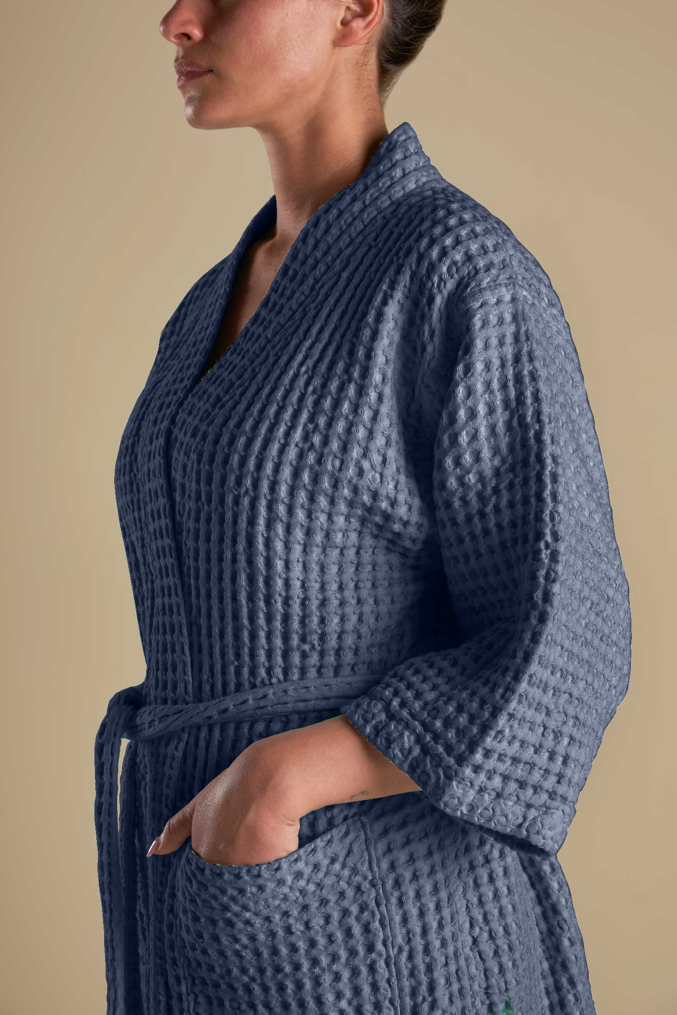 MILANO SOLE, Accappatoio kimono in nido d’ape,   denim