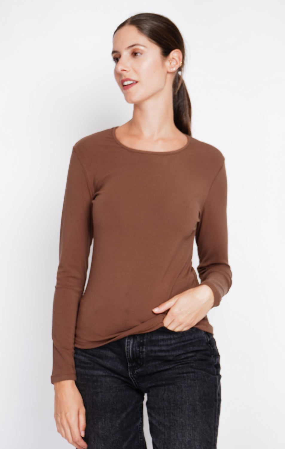 Maglione sottomaglione girocollo fodera termica manica lunga Marrone
