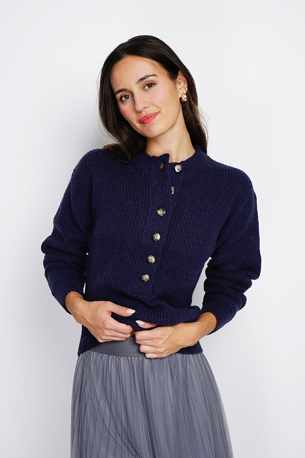Maglione a collo alto, abbottonatura elegante, maglia a coste Blu Notte