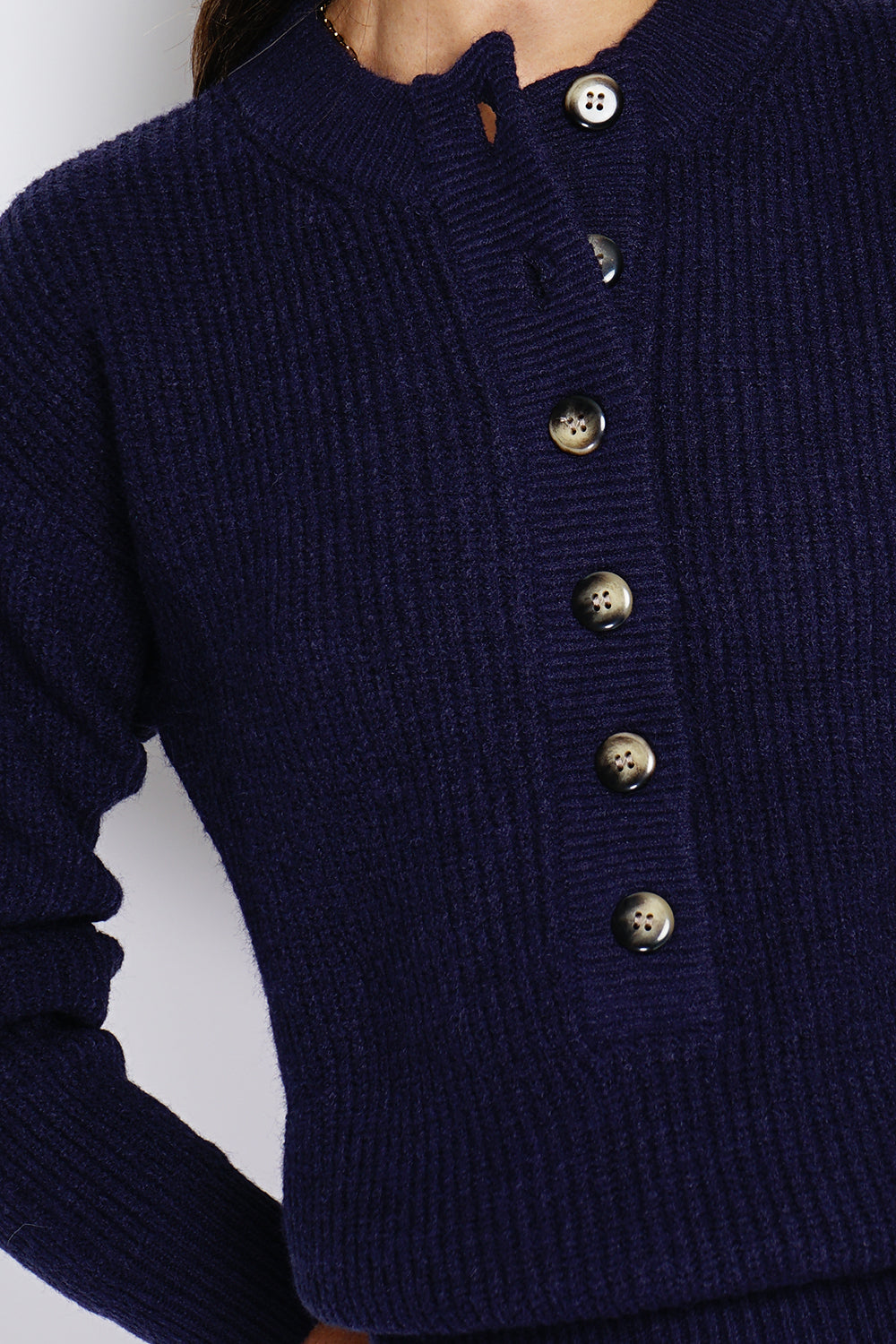 Maglione a collo alto, abbottonatura elegante, maglia a coste Blu Notte