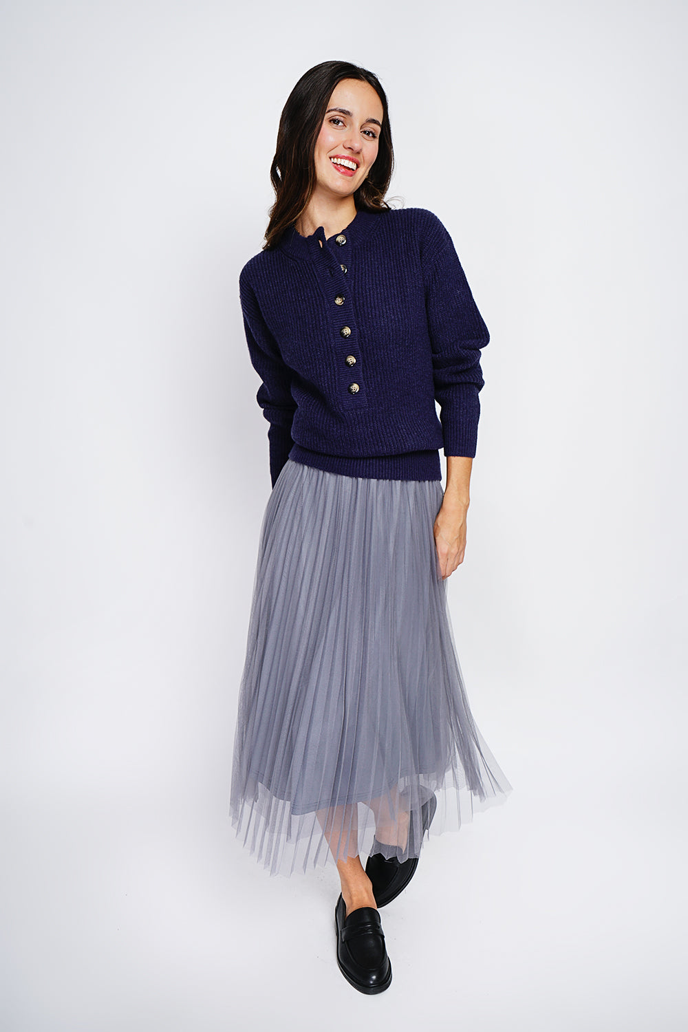 Maglione a collo alto, abbottonatura elegante, maglia a coste Blu Notte