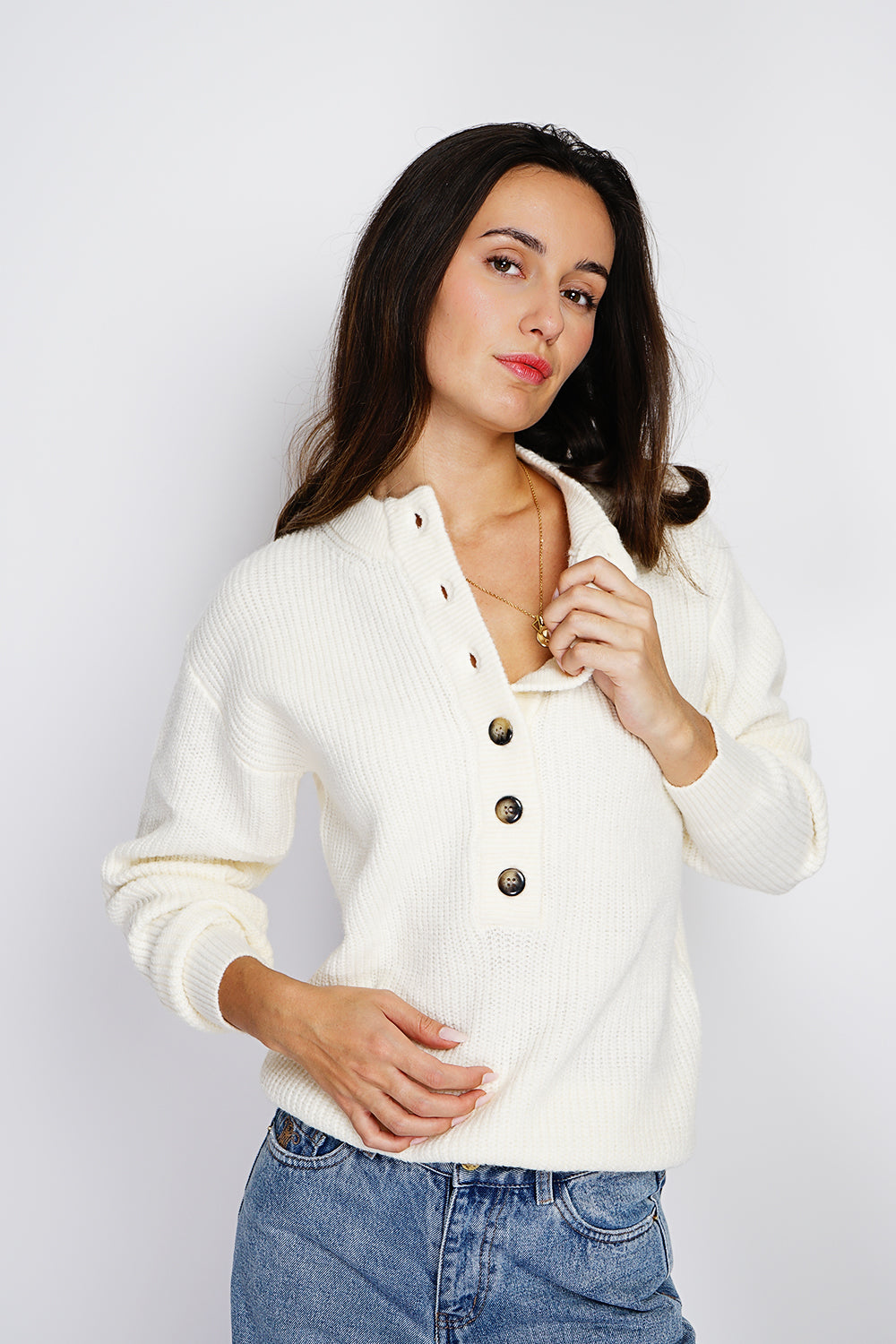 Maglione a collo alto, abbottonatura elegante, maglia a coste Naturale