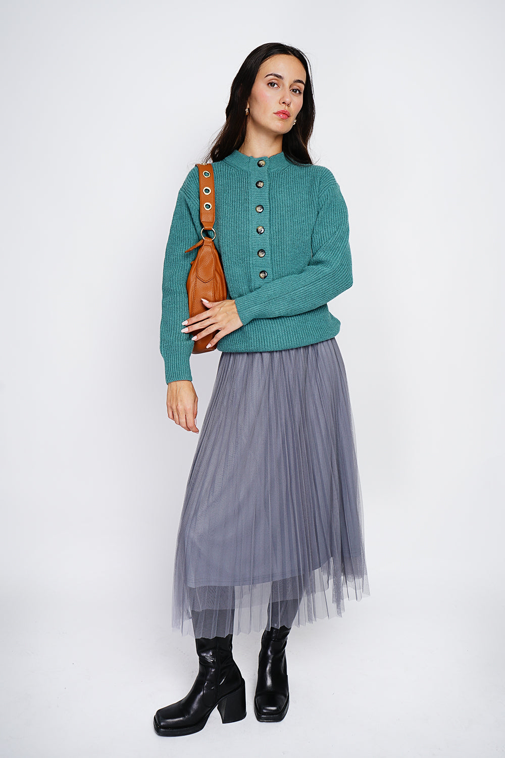 Maglione a collo alto, abbottonatura elegante, maglia a coste Verde Virido