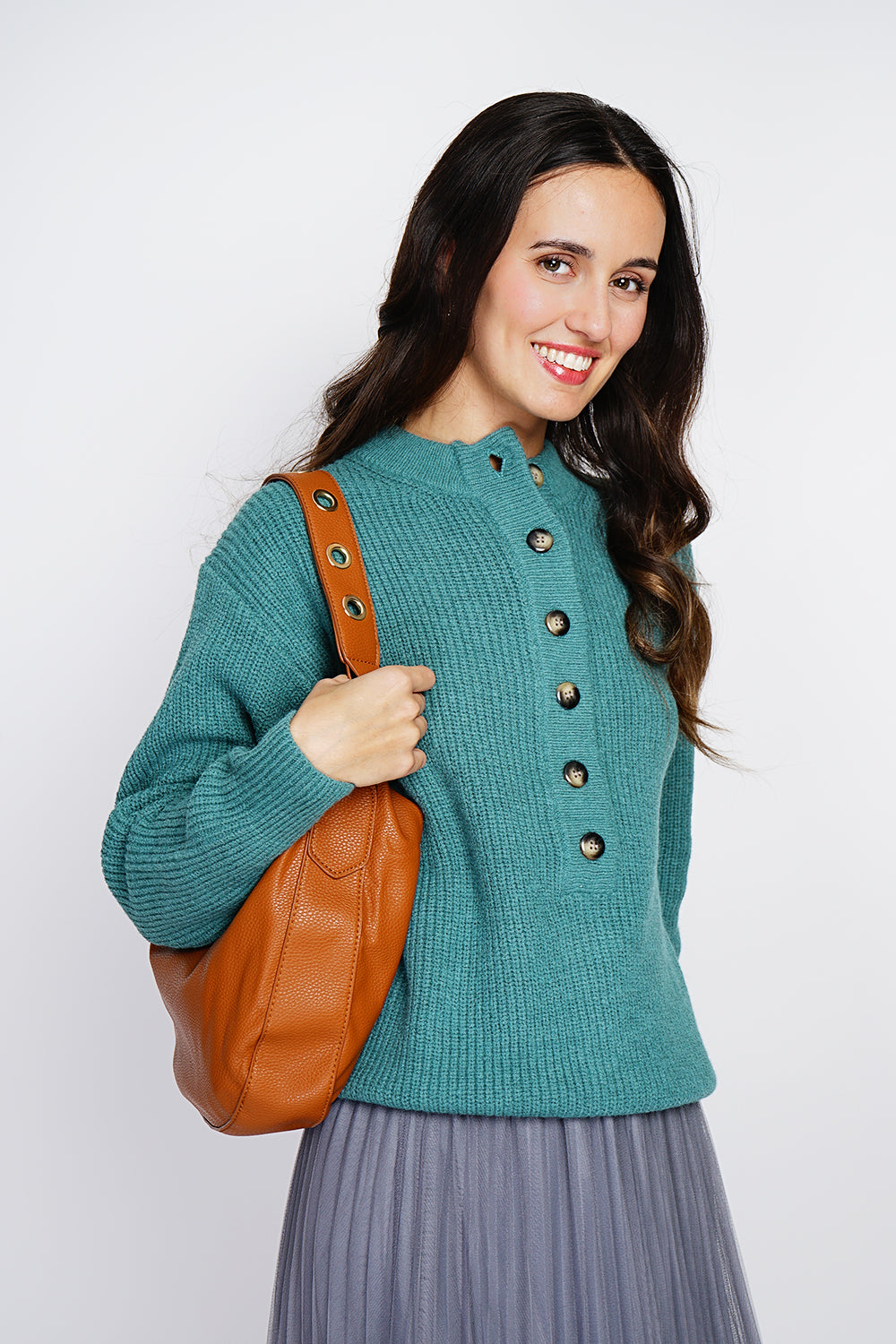 Maglione a collo alto, abbottonatura elegante, maglia a coste Verde Virido