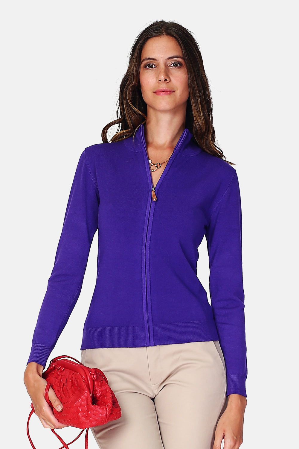 Cardigan Classico In Maglia a 3 Strati Con Zip - Viola - Assuili