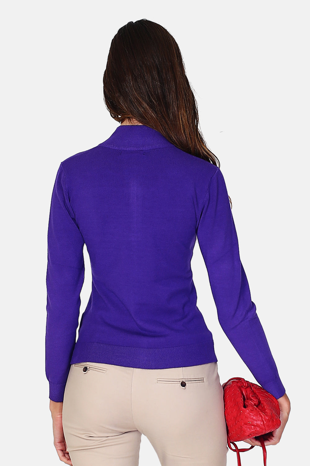 Cardigan Classico In Maglia a 3 Strati Con Zip - Viola - Assuili