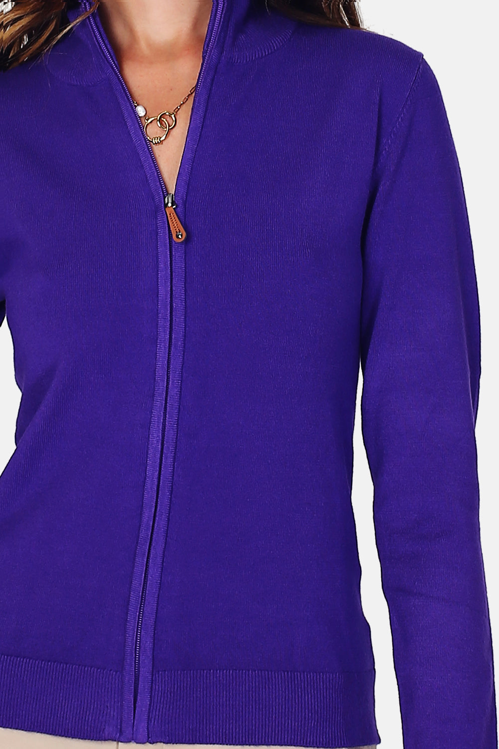 Cardigan Classico In Maglia a 3 Strati Con Zip - Viola - Assuili