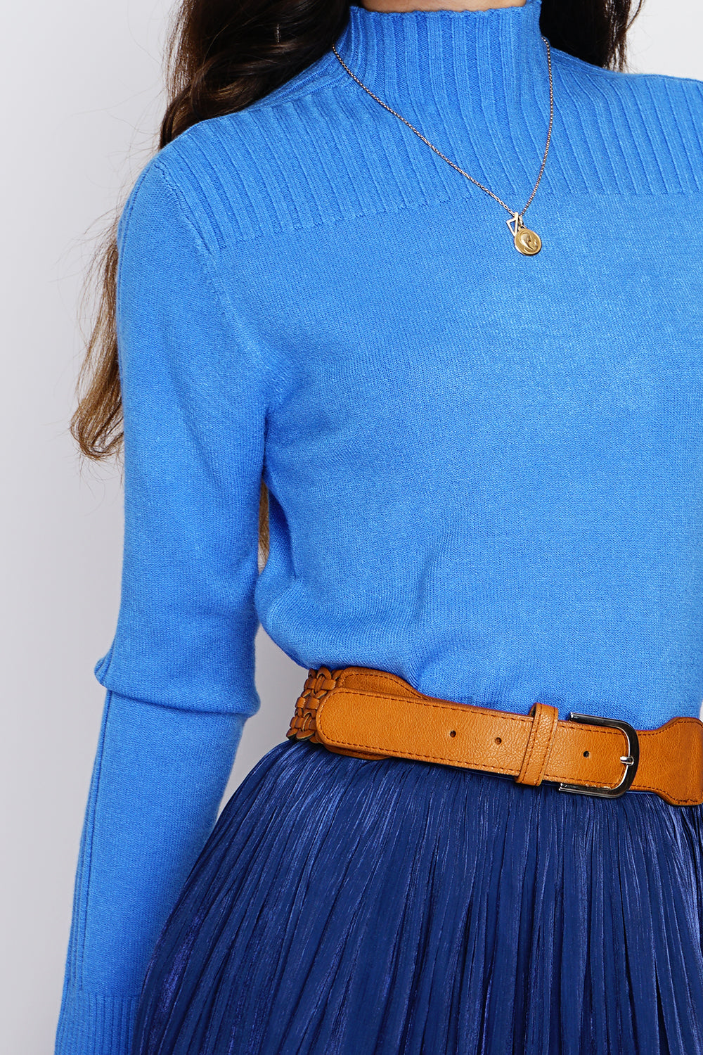 Maglione a coste con collo alto e maniche lunghe Azzurro