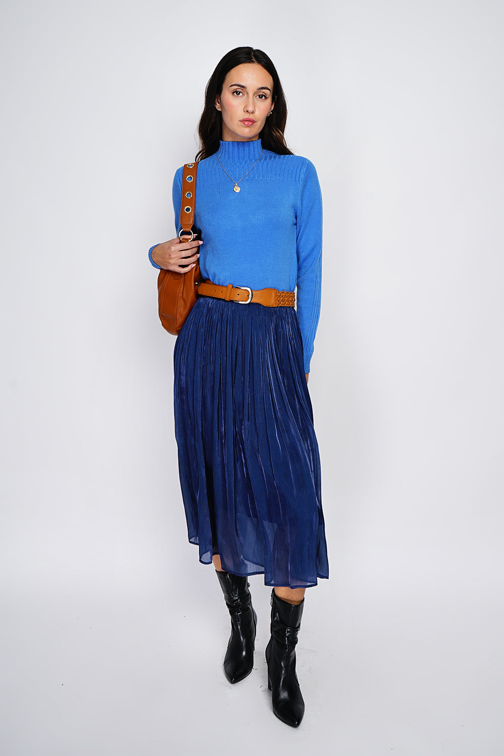 Maglione a coste con collo alto e maniche lunghe Azzurro