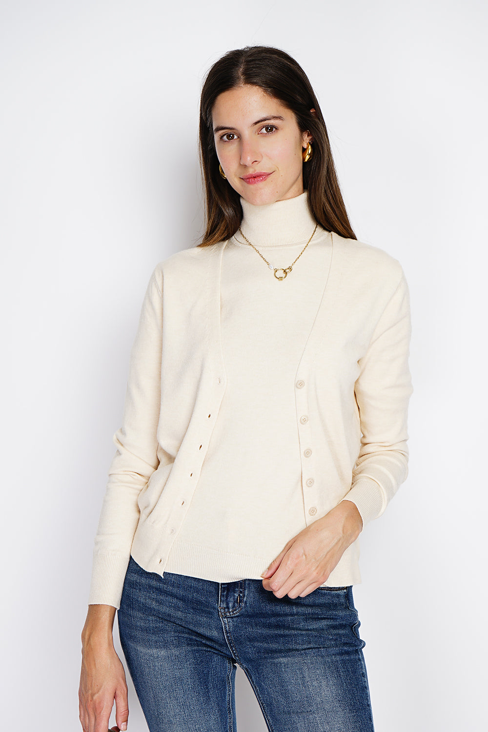 Dolcevita classico Twin-set in maglia a 3 fili con maniche lunghe Crema