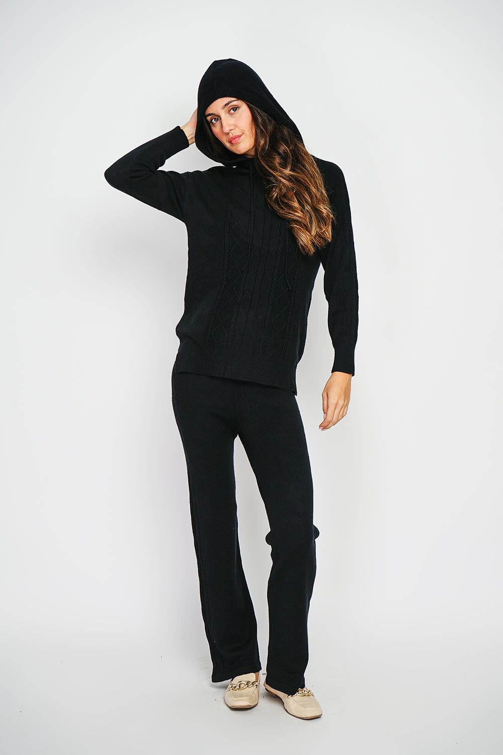 Set Maglione Con Cappuccio E Pantaloni A Gamba Larga - Nero - Assuili