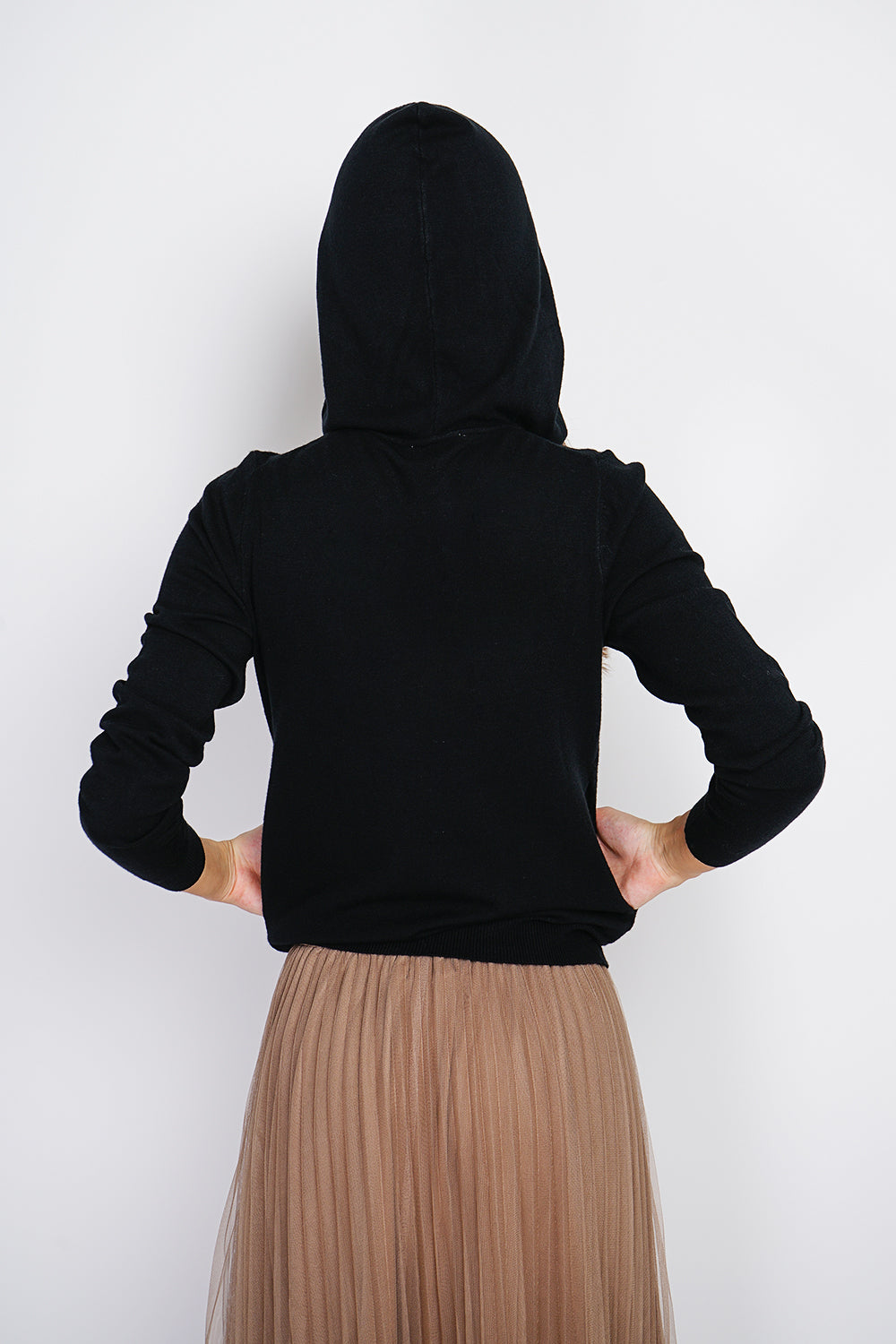 Gilet con cappuccio e cerniera, tasche anteriori, maniche lunghe, tessuto a maglia a 3 strati Nero