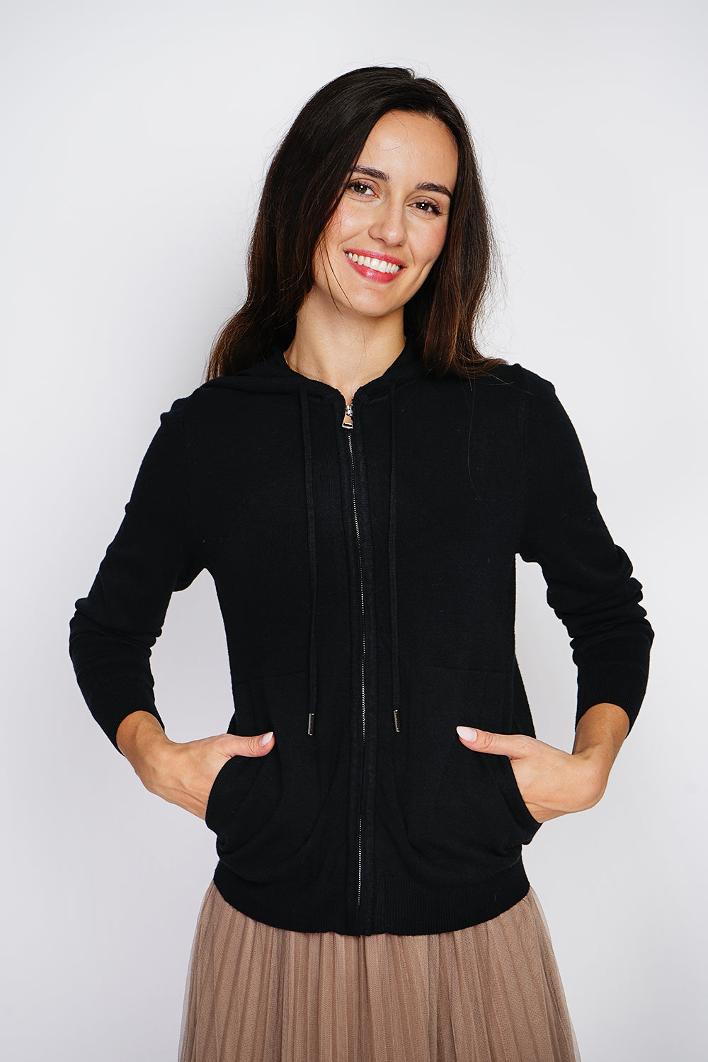 Gilet con cappuccio e cerniera, tasche anteriori, maniche lunghe, tessuto a maglia a 3 strati Nero