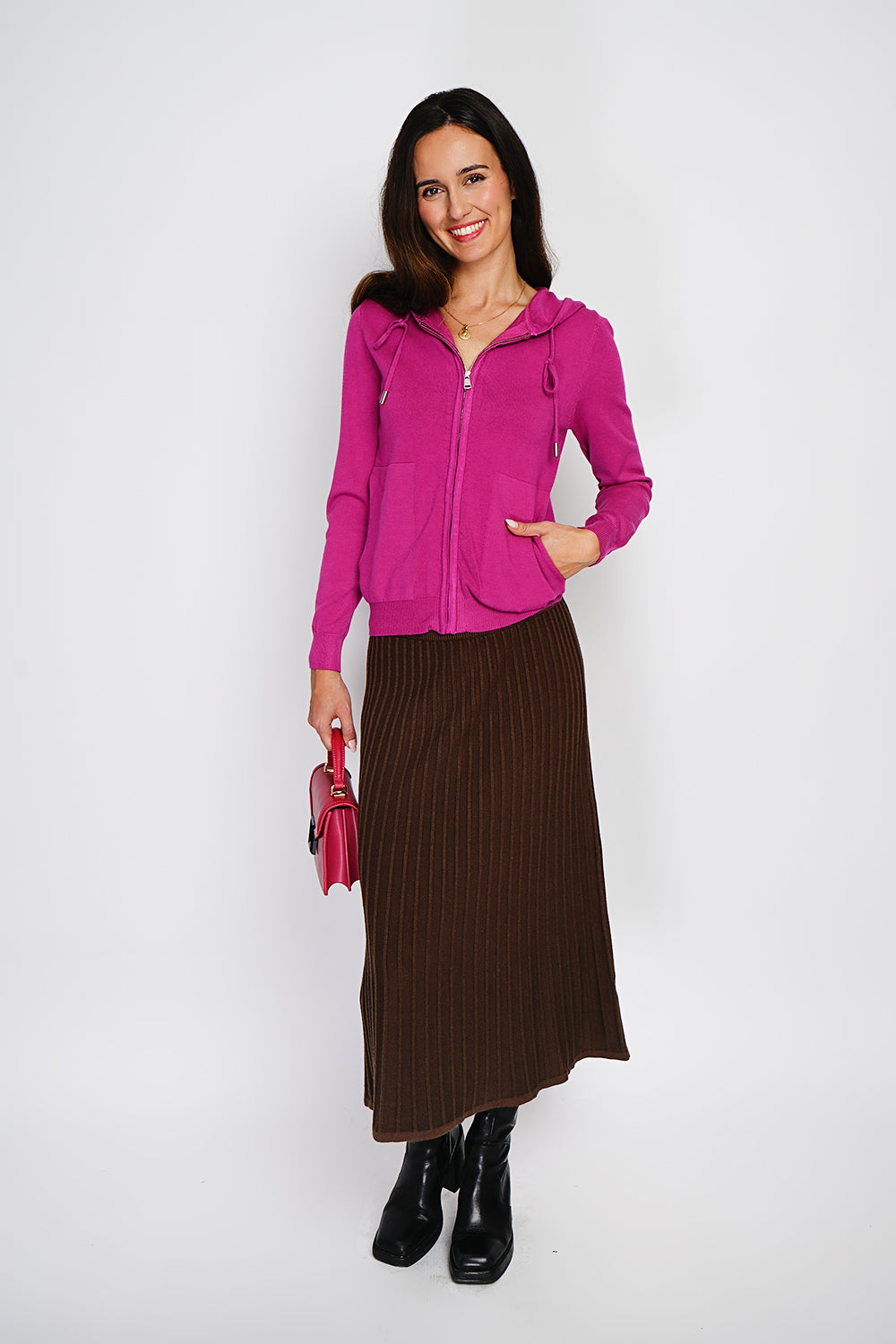 Gilet con cappuccio e cerniera, tasche anteriori, maniche lunghe, tessuto a maglia a 3 strati Orchidea