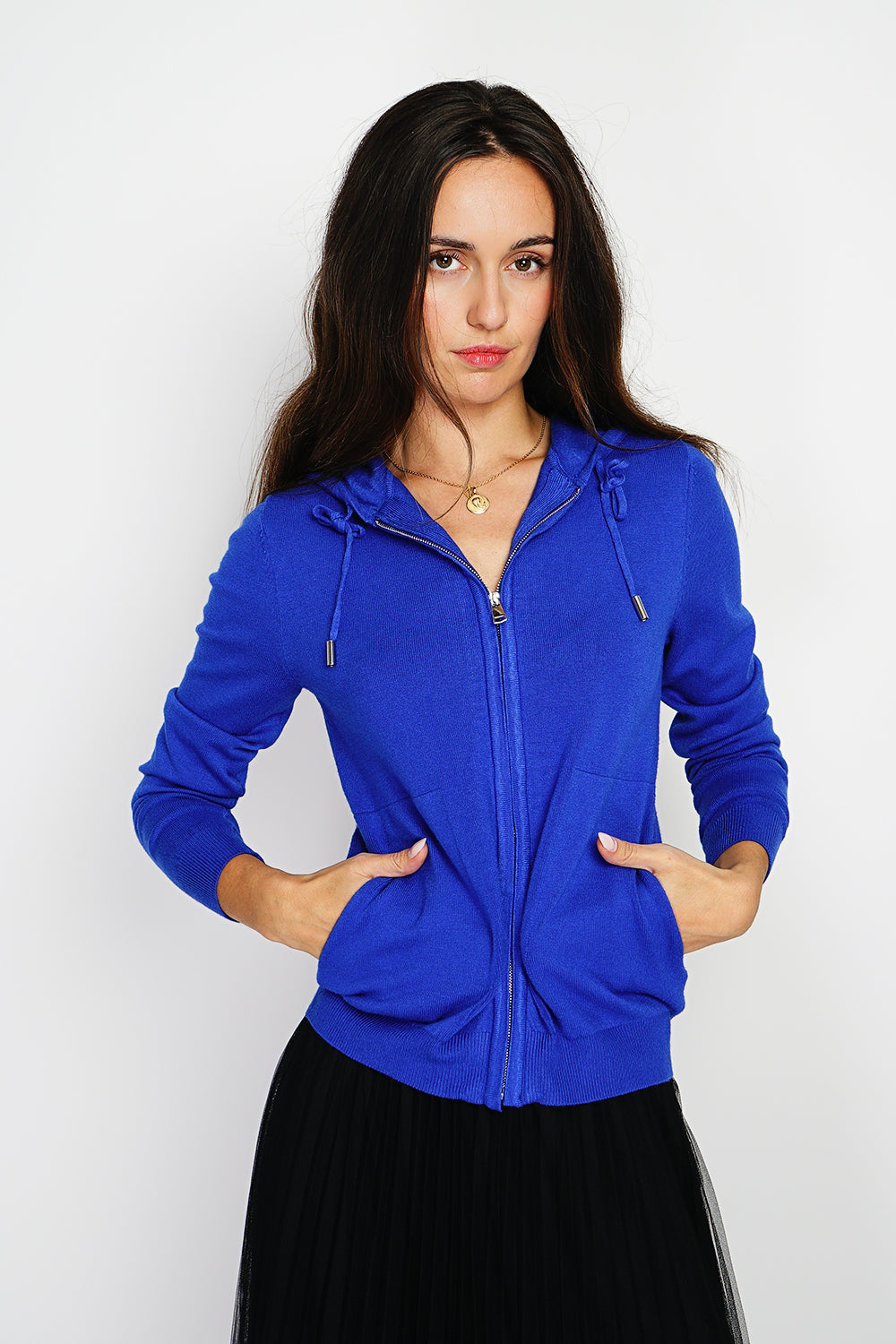 Gilet con cappuccio e cerniera, tasche anteriori, maniche lunghe, tessuto a maglia a 3 strati Reale