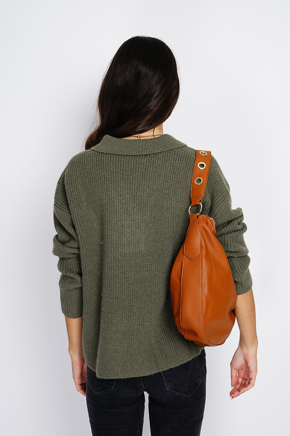 Maglione lavorato a maglia con ampio collo polo e bottoni fantasia con maniche lunghe Cachi