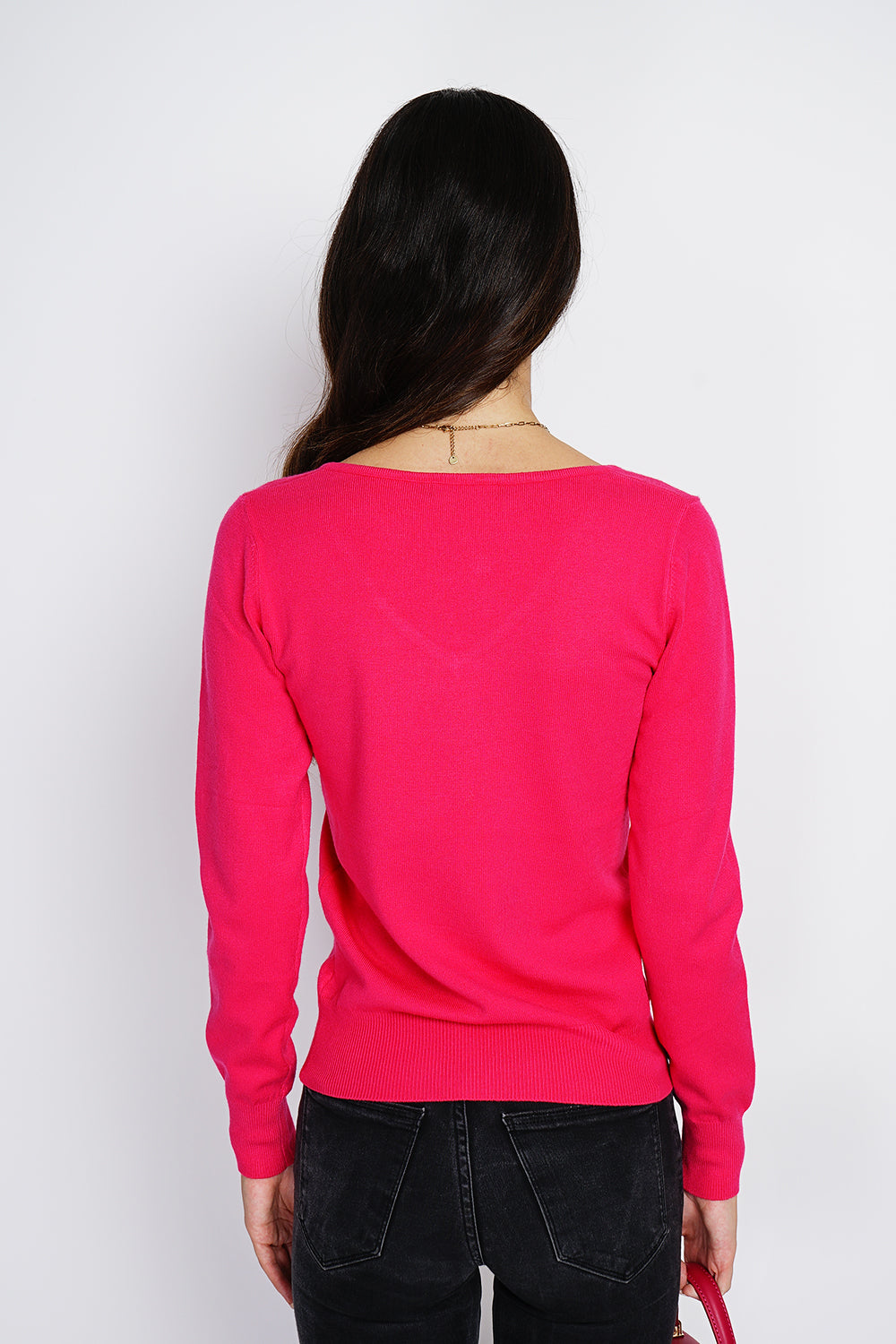 Maglione classico con scollo a V in maglia a 3 strati e maniche lunghe FUCSIA