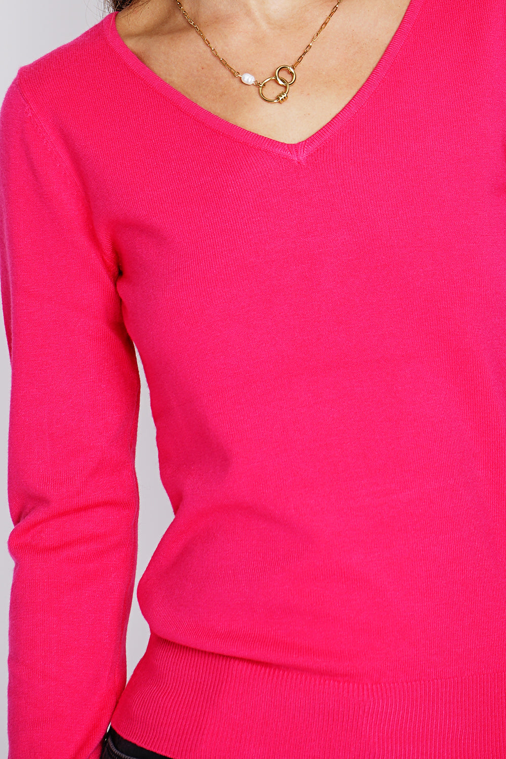 Maglione classico con scollo a V in maglia a 3 strati e maniche lunghe FUCSIA