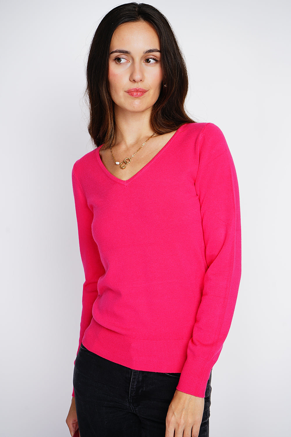 Maglione classico con scollo a V in maglia a 3 strati e maniche lunghe FUCSIA