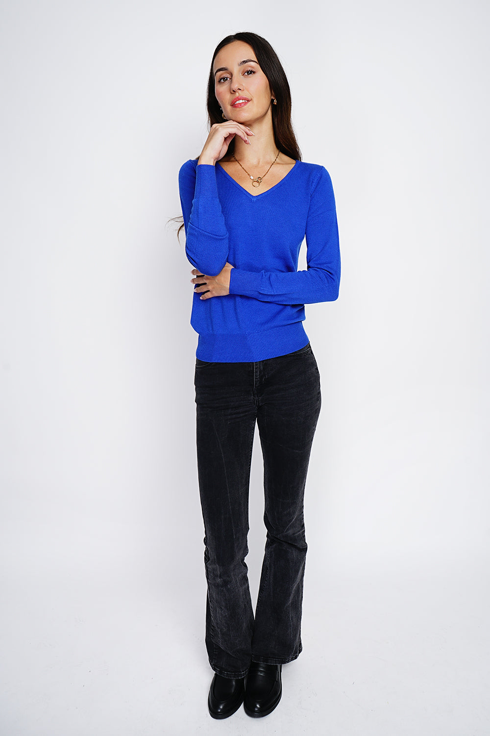 Maglione classico con scollo a V in maglia a 3 strati e maniche lunghe REALE