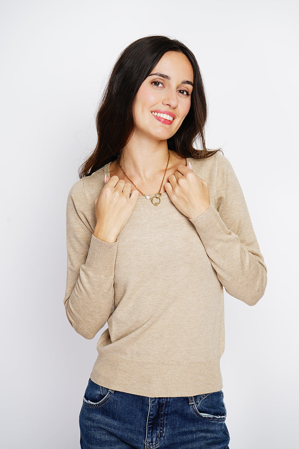 Maglione classico girocollo in maglia a 3 strati con maniche lunghe CAMMELLO