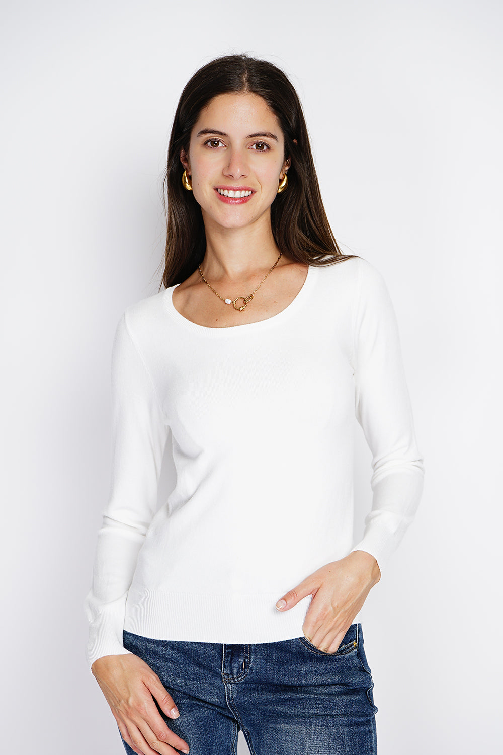 Maglione classico girocollo in maglia a 3 strati con maniche lunghe NATURALE