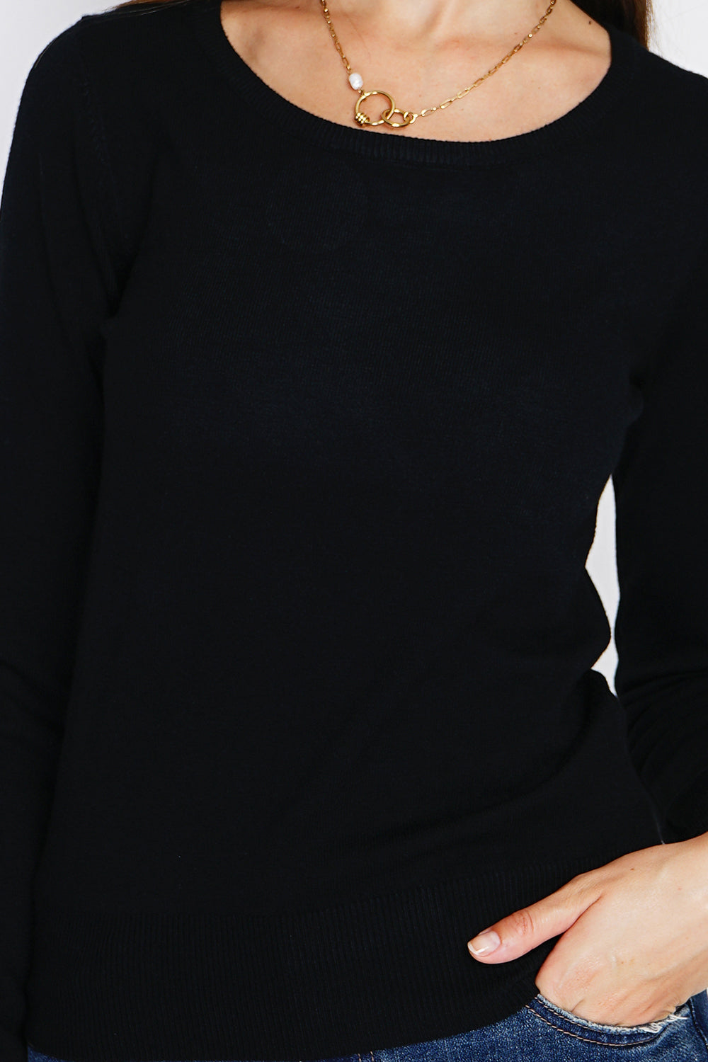 Maglione classico girocollo in maglia a 3 strati con maniche lunghe NERO