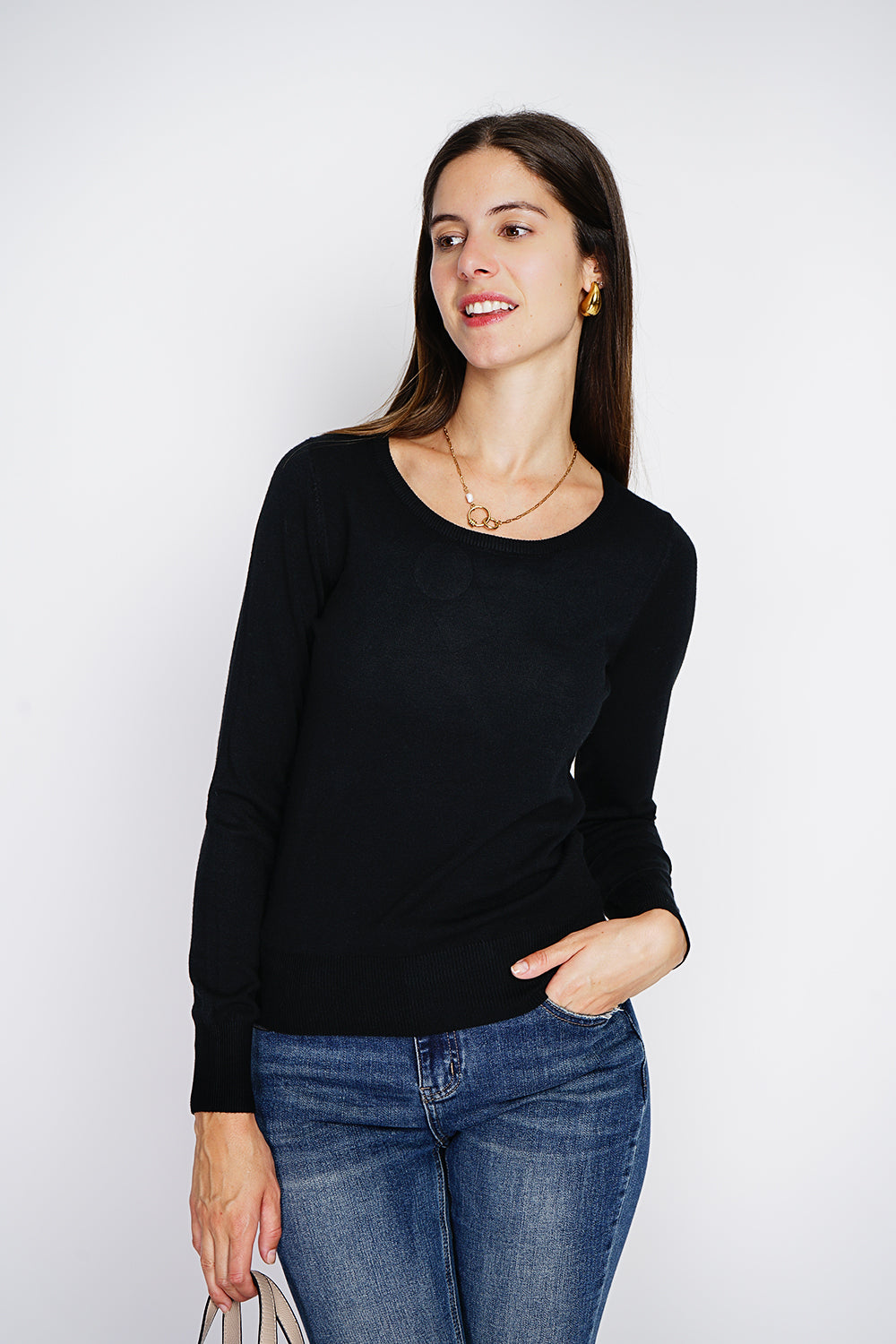 Maglione classico girocollo in maglia a 3 strati con maniche lunghe NERO