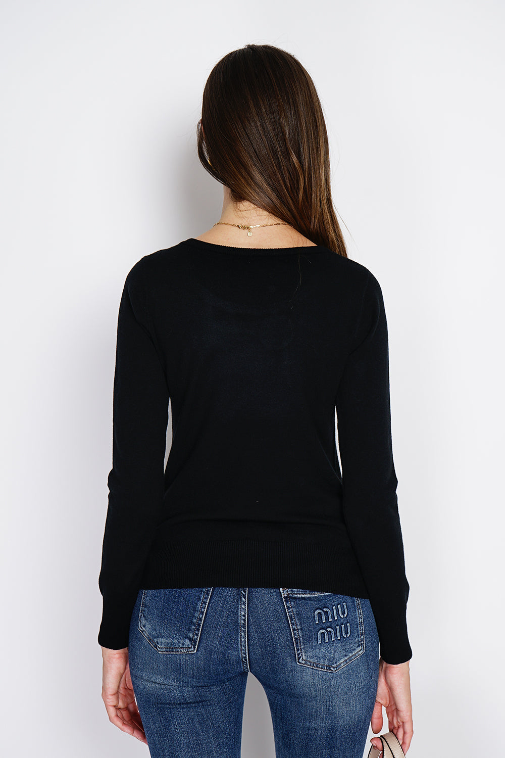 Maglione classico girocollo in maglia a 3 strati con maniche lunghe NERO