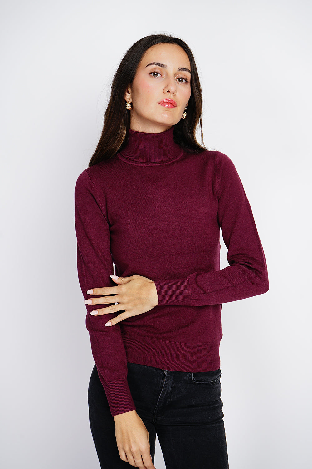 Maglione classico a collo alto lavorato a maglia con 3 fili e maniche lunghe Bordeaux