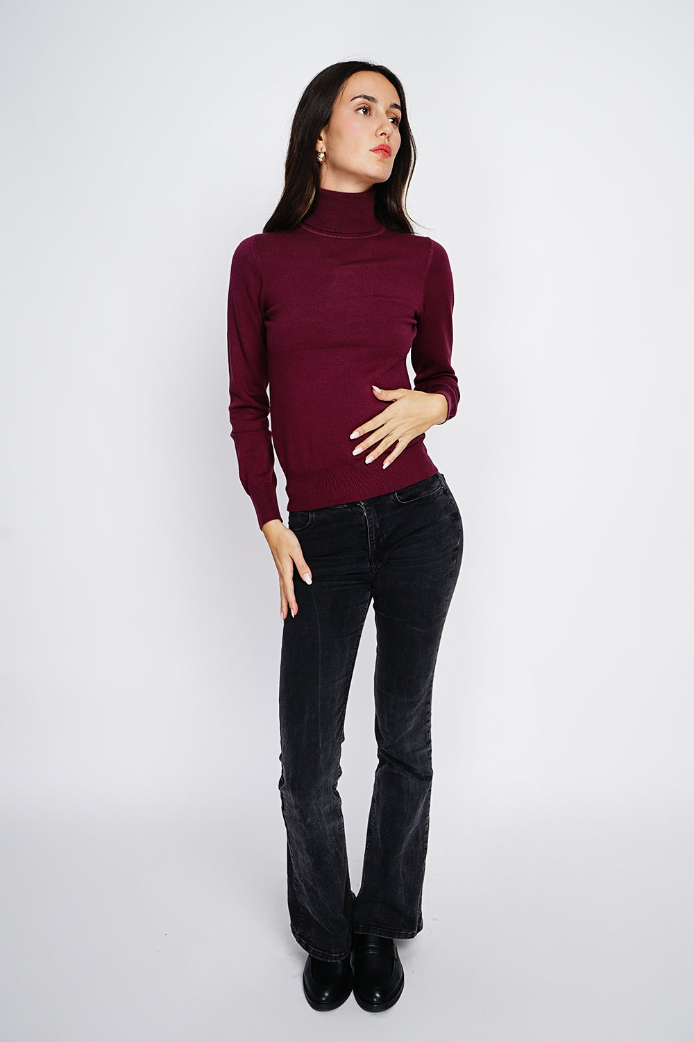 Maglione classico a collo alto lavorato a maglia con 3 fili e maniche lunghe Bordeaux