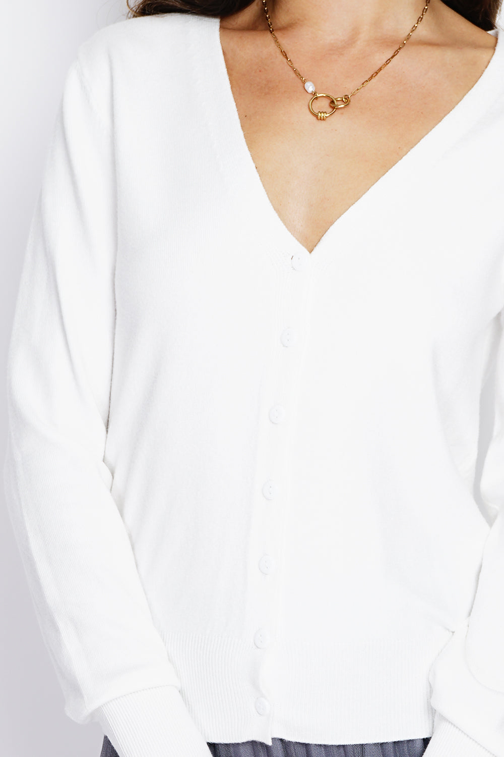 Cardigan classico con scollo a V in maglia a 3 fili e maniche lunghe NATURALE