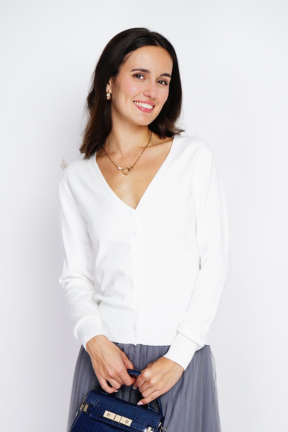 Cardigan classico con scollo a V in maglia a 3 fili e maniche lunghe NATURALE