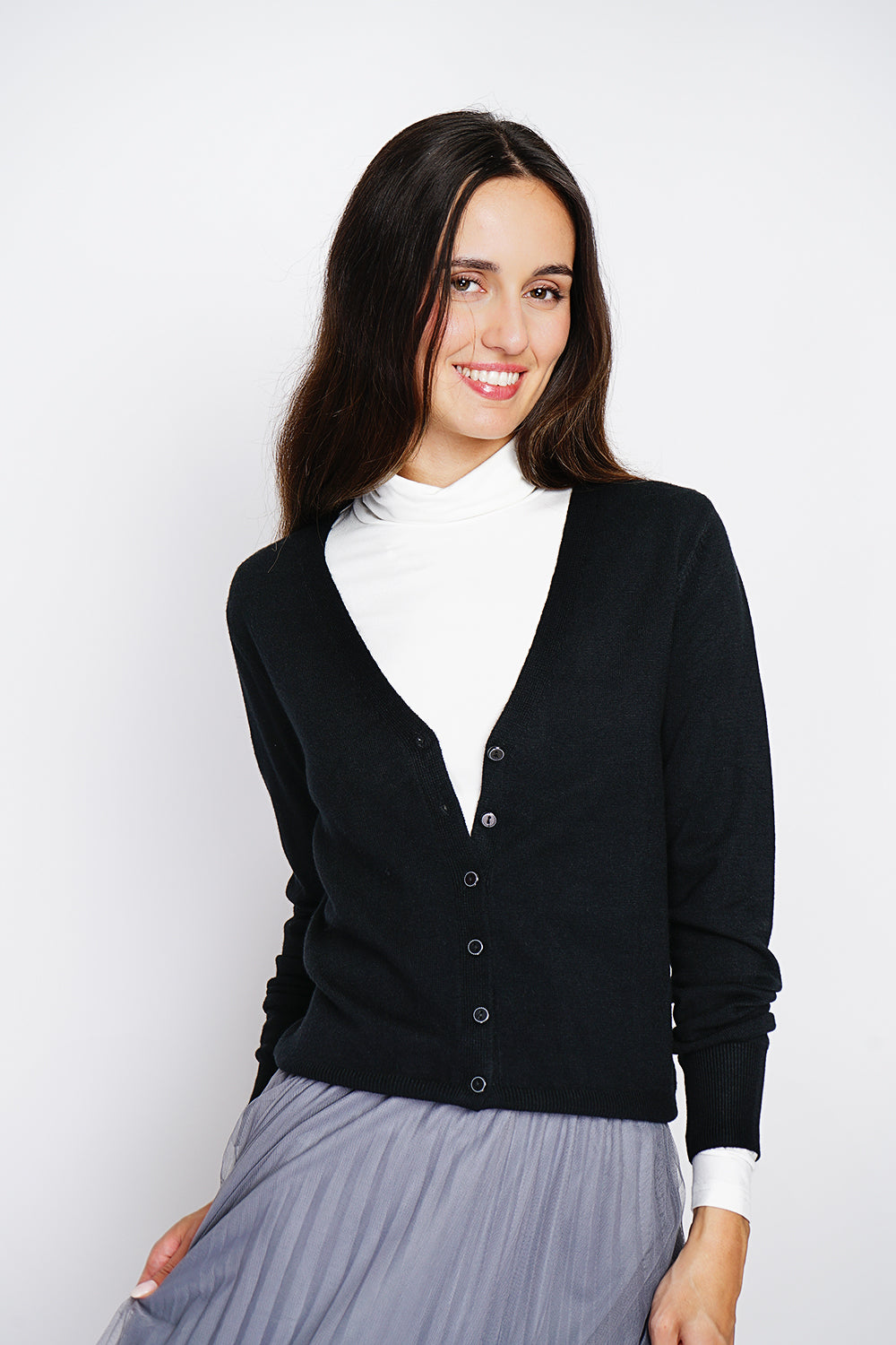 Cardigan classico con scollo a V in maglia a 3 fili e maniche lunghe NERO